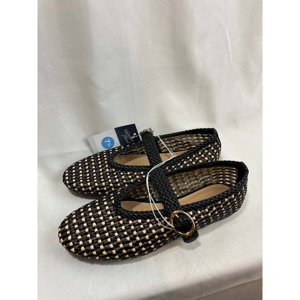 Universal Thread Womens Woven Mary Jane Flats Black Tan Buckle Strap Shoes 7.5